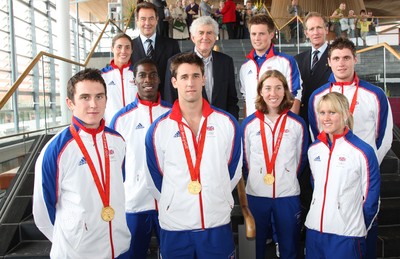 26.08.08 Wales' Olympians with the First Minister Rhodri Morgan, and former Olympians Lynn Davies and Richard Meade at a special reception in at the Senedd in Cardiff Bay 