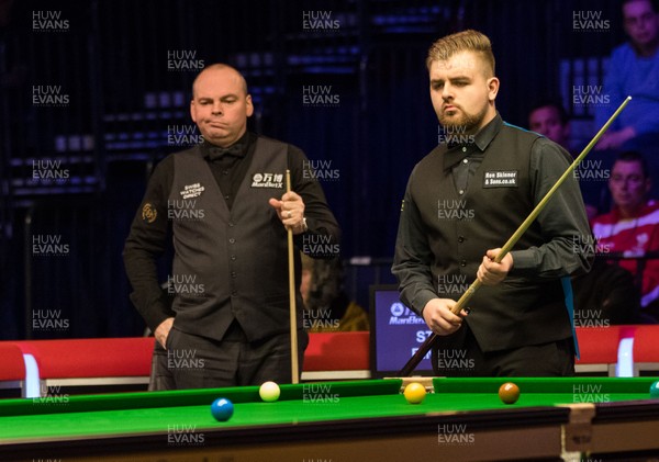 280218 - Welsh Open Snooker, Motorpoint Arena, Cardiff - Jackson Page contemplates his shot during his  second round match against Stuart Bingham