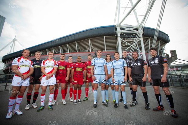 280812 - Regional Rugby Press Conference at Millennium Stadium - Players from the four regions, Newport Gwent Dragons, Scarlets, Cardiff Blues and Ospreys at the Millennium Stadium at the announcement of the double header derby matches that will be played at the Stadium