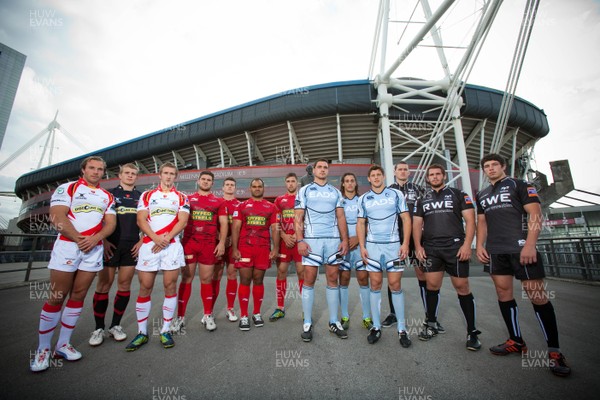 280812 - Regional Rugby Press Conference at Millennium Stadium - Players from the four regions, Newport Gwent Dragons, Scarlets, Cardiff Blues and Ospreys at the Millennium Stadium at the announcement of the double header derby matches that will be played at the Stadium