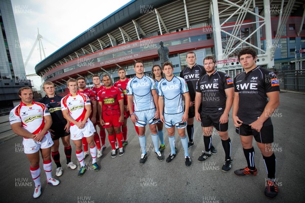 280812 - Regional Rugby Press Conference at Millennium Stadium - Players from the four regions, Newport Gwent Dragons, Scarlets, Cardiff Blues and Ospreys at the Millennium Stadium at the announcement of the double header derby matches that will be played at the Stadium