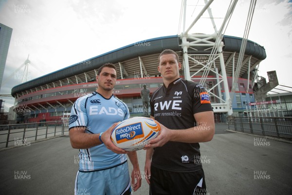 280812 - Regional Rugby Press Conference at Millennium Stadium - Andries Pretorius of the Cardiff Blues and Ian Evans of the Ospreys  who will face each other at the Millennium Stadium as the 4 regional sides play double header derby matches at the Stadium