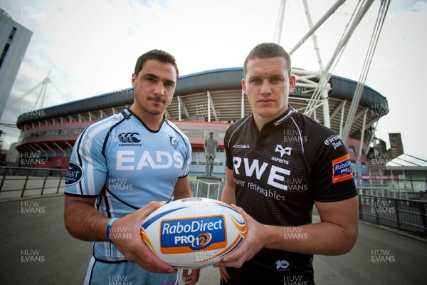 280812 - Regional Rugby Press Conference at Millennium Stadium - Andries Pretorius of the Cardiff Blues and Ian Evans of the Ospreys  who will face each other at the Millennium Stadium as the 4 regional sides play double header derby matches at the Stadium