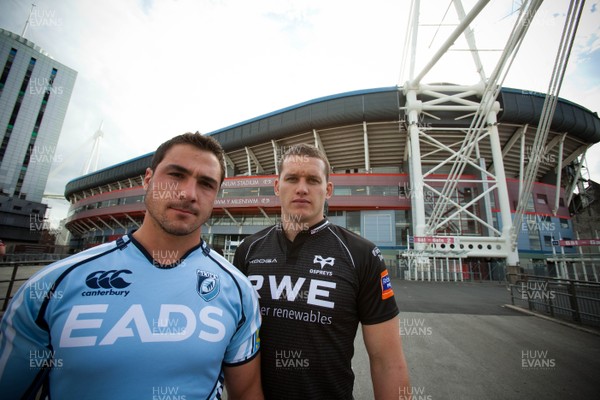 280812 - Regional Rugby Press Conference at Millennium Stadium - Andries Pretorius of the Cardiff Blues and Ian Evans of the Ospreys  who will face each other at the Millennium Stadium as the 4 regional sides play double header derby matches at the Stadium