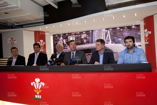 280812 - Regional Rugby Press Conference at Millennium Stadium - Chief Executives from the 4 Welsh Rugby Regions at the press conference to announce the double header derby matches that will take place at the Millennium Stadium Left to right, Chris Brown, Newport Gwent Dragons; Richard Holland, Cardiff Blues; Stuart Gallacher, Chief Executive of Regional Rugby Wales,  Roger Lewis, Group Chief Executive WRU;  Mark Davies of The Scarlets and Andrew Hore of the Ospreys 