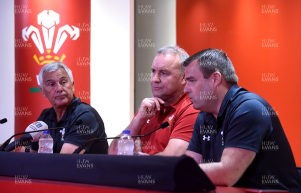 090718 - WRU Press Conference - (L-R) Gareth Davies, Wayne Pivac and Martyn Phillips talk to media