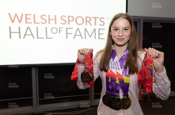 140923 - Welsh Sports Hall of Fame Dinner, Cardiff City Stadium - Swimmer Theodora Taylor with her medals