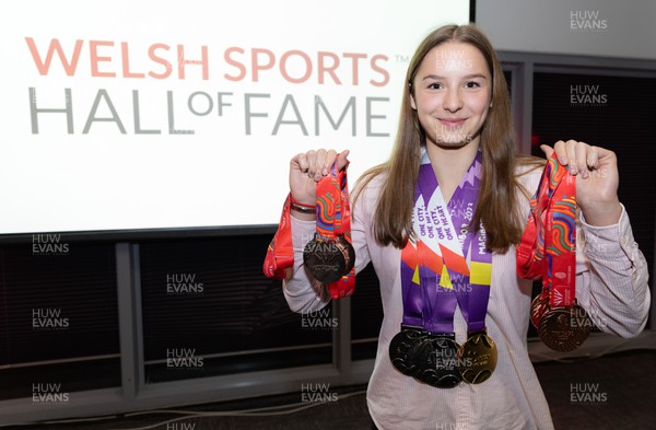 140923 - Welsh Sports Hall of Fame Dinner, Cardiff City Stadium - Swimmer Theodora Taylor with her medals