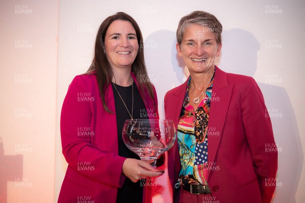 140923 - Welsh Sports Hall of Fame Dinner, Cardiff City Stadium - Helen Ward is inducted in the Welsh Sports Hall of Fame, with Professor Laura McAllister