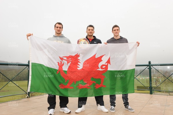 230212  Sport - Wales rugby captain Sam Warburton(lt) with Welsh Boxer Nathan Cleverly(centre) and Cardiff City's Mark Hudson in Cardiff 