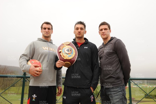 230212  Sport - Wales rugby captain Sam Warburton(lt) with Welsh Boxer Nathan Cleverly(centre) and Cardiff City's Mark Hudson in Cardiff 