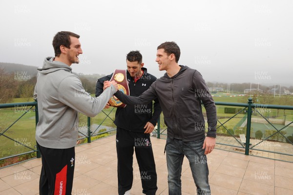 230212  Sport - Wales rugby captain Sam Warburton(lt) with Welsh Boxer Nathan Cleverly(centre) and Cardiff City's Mark Hudson in Cardiff 