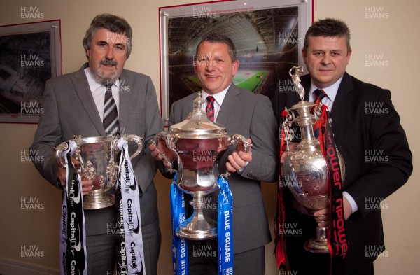 170513 - Welsh Sports Hall of Fame, 24th Roll of Honour Dinner, Millennium Stadium, Cardiff - Representatives of the Swansea City, Newport County and Cardiff City with their respective trophies won in the last few months who were honoured at the dinner Left to right, Alan Lewis of Swansea Supporters Club, Mark Bloom of Newport County and Wayne Nash, Stadium Manager at Cardiff City