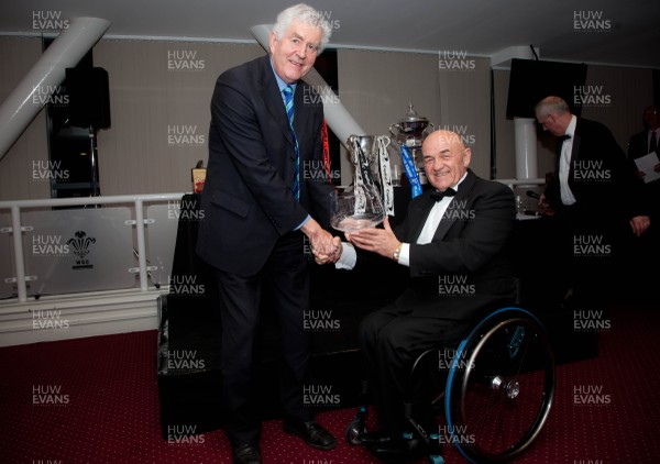 170513 - Welsh Sports Hall of Fame, 24th Roll of Honour Dinner, Millennium Stadium, Cardiff - Hall of Fame inductee John Harris receives his award from Rhodri Morgan