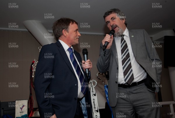 170513 - Welsh Sports Hall of Fame, 24th Roll of Honour Dinner, Millennium Stadium, Cardiff - Welsh Sports Journalist of the Year Rob Phillips interviews Alan Lewis of Swansea Supporters Club about the clubs success