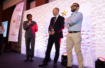 231025 - Welsh Sports Hall of Fame Awards Dinner, Parkgate Hotel, Cardiff - Left to right, Jeremian Azu, Dai Greene and Jamie Baulch 