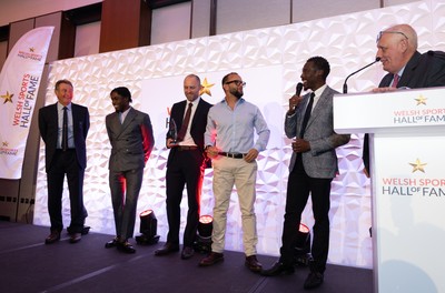 231025 - Welsh Sports Hall of Fame Awards Dinner, Parkgate Hotel, Cardiff - Left to right, Lynn Davies, Jeremian Azu, Dai Greene, Jamie Baulch and Christian Malcom