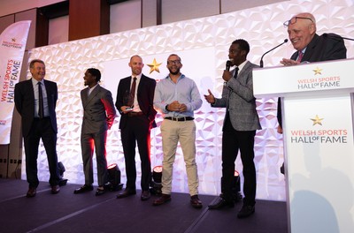 231025 - Welsh Sports Hall of Fame Awards Dinner, Parkgate Hotel, Cardiff - Left to right, Lynn Davies, Jeremian Azu, Dai Greene, Jamie Baulch and Christian Malcom