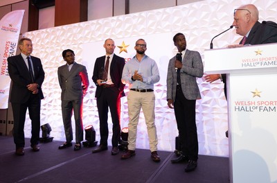 231025 - Welsh Sports Hall of Fame Awards Dinner, Parkgate Hotel, Cardiff - Left to right, Lynn Davies, Jeremian Azu, Dai Greene, Jamie Baulch and Christian Malcom