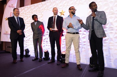 231025 - Welsh Sports Hall of Fame Awards Dinner, Parkgate Hotel, Cardiff - Left to right, Lynn Davies, Jeremian Azu, Dai Greene, Jamie Baulch and Christian Malcom