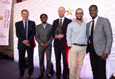 231025 - Welsh Sports Hall of Fame Awards Dinner, Parkgate Hotel, Cardiff - Left to right, Lynn Davies, Jeremian Azu, Dai Greene, Jamie Baulch and Christian Malcom