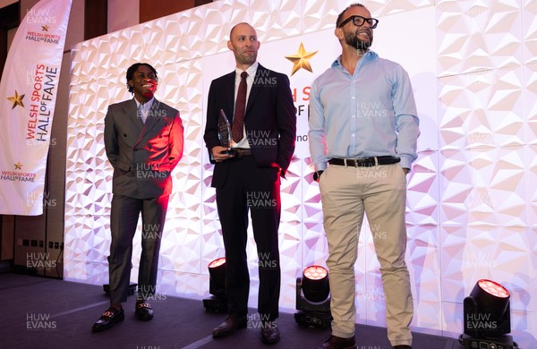 231025 - Welsh Sports Hall of Fame Awards Dinner, Parkgate Hotel, Cardiff - Left to right, Jeremian Azu, Dai Greene and Jamie Baulch 
