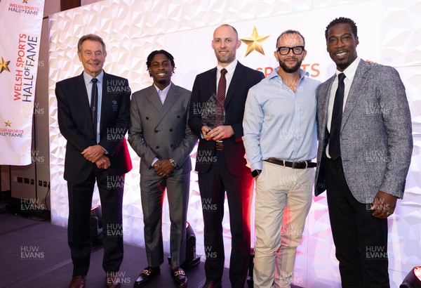 231025 - Welsh Sports Hall of Fame Awards Dinner, Parkgate Hotel, Cardiff - Left to right, Lynn Davies, Jeremian Azu, Dai Greene, Jamie Baulch and Christian Malcom