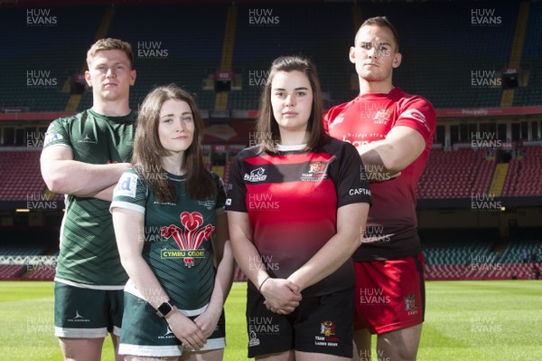 280319 - WRU - Jack Tharm and Jessica McCreery of Swansea University with Molly Danks and Tom Wilson of Cardiff University during a Welsh Varsity photocall