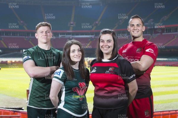280319 - WRU - Jack Tharm and Jessica McCreery of Swansea University with Molly Danks and Tom Wilson of Cardiff University during a Welsh Varsity photocall