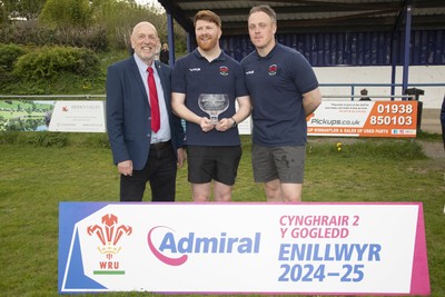 260425 - Welshpool League Trophy Presentation - Admiral National League 2 North - Alun Roberts of the WRU presented the league trophy to Chairman Jake Best and Captain Ryan Evans