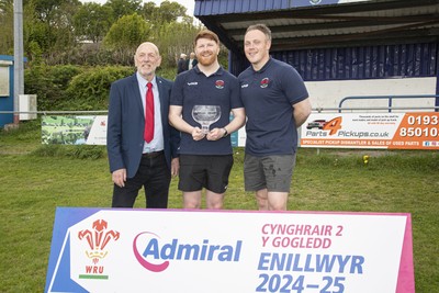 260425 - Welshpool League Trophy Presentation - Admiral National League 2 North - Alun Roberts of the WRU presented the league trophy to Chairman Jake Best and Captain Ryan Evans