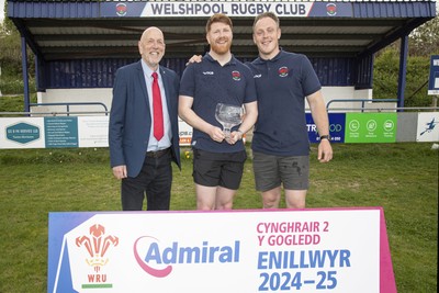 260425 - Welshpool League Trophy Presentation - Admiral National League 2 North - Alun Roberts of the WRU presented the league trophy to Chairman Jake Best and Captain Ryan Evans