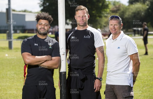 220618 - WRU - Wes Cunliffe, who turned away from a life of crime through rugby with the School of Hard Knocks - Wes with coach Neil Edwards and retired police officer Darren Morgan