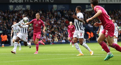 120823 - West Bromwich Albion v Swansea City - Sky Bet Championship - Joshua Key  of Swansea heads to goal and the feet of Jerry Yates of Swansea covered by Cedric Kipre of West Bromich Albion