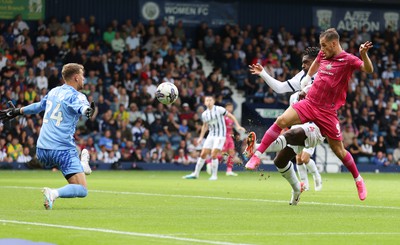 120823 - West Bromwich Albion v Swansea City - Sky Bet Championship - Joshua Key  of Swansea heads to goal and the feet of Jerry Yates of Swansea covered by Cedric Kipre of West Bromich Albion but saved by Goalkeeper Alex Palmer of West Bromich Albion