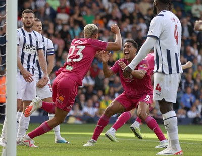 120823 - West Bromwich Albion v Swansea City - Sky Bet Championship - Nathan Wood of Swansea celebrates scoring their 2nd goal with Ben Cabango of Swansea