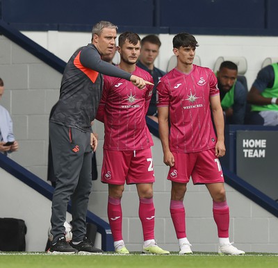 120823 - West Bromwich Albion v Swansea City - Sky Bet Championship - Head Coach Michael Duff  of Swansea gives instructions to subs Liam Cullen  of Swansea and Charlie Patino of Swansea