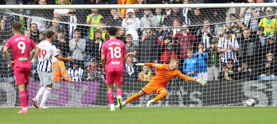 120823 - West Bromwich Albion v Swansea City - Sky Bet Championship - Carl Rushworth of Swansea can't stop the penalty shot from John Swift of West Bromwich Albion