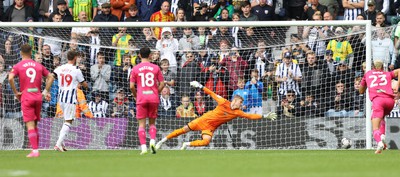 120823 - West Bromwich Albion v Swansea City - Sky Bet Championship - Carl Rushworth of Swansea can't stop the penalty shot from John Swift of West Bromwich Albion