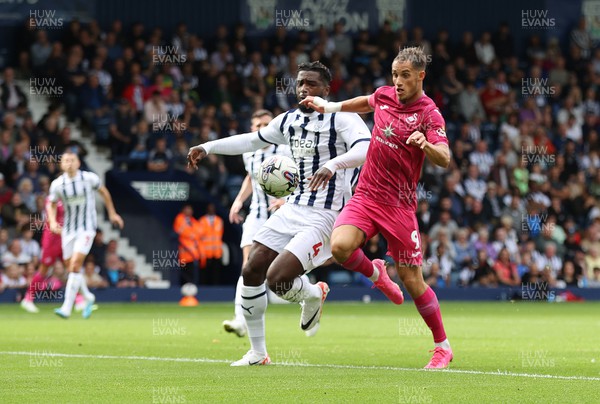 120823 - West Bromwich Albion v Swansea City - Sky Bet Championship - Joshua Key  of Swansea heads to goal and the feet of Jerry Yates of Swansea covered by Cedric Kipre of West Bromich Albion