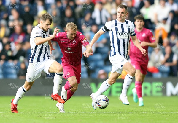 120823 - West Bromwich Albion v Swansea City - Sky Bet Championship - Oli Cooper of Swansea and Jayson Molumby of West Bromwich Albion and Jed Wallace of West Bromwich Albion