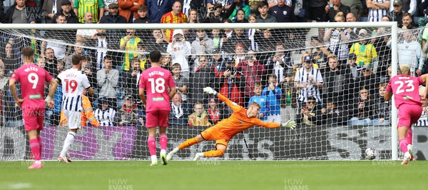 120823 - West Bromwich Albion v Swansea City - Sky Bet Championship - Carl Rushworth of Swansea can't stop the penalty shot from John Swift of West Bromwich Albion