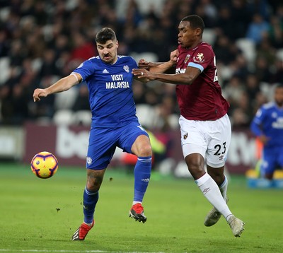 041218 - West Ham United v Cardiff City - Premier League - Callum Paterson of Cardiff City is challenged by Issa Diop of West Ham