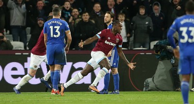 041218 - West Ham United v Cardiff City - Premier League - Michail Antonio of West Ham celebrates scoring their third goal