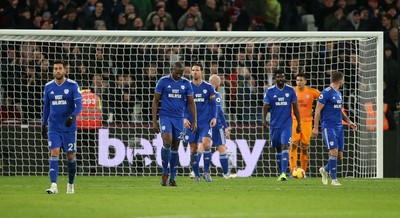 041218 - West Ham United v Cardiff City - Premier League - Dejected V�ctor Camarasa, Souleymane Bamba, Sean Morrison, Bruno Ecuele Manga and Joe Ralls of Cardiff City