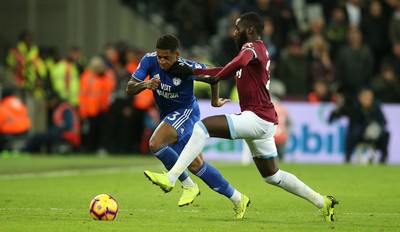 041218 - West Ham United v Cardiff City - Premier League - Kadeem Harris of Cardiff City is tackled by Arthur Masuaku of West Ham