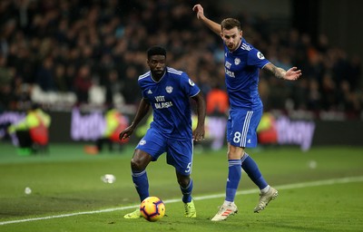 041218 - West Ham United v Cardiff City - Premier League - Bruno Ecuele Manga and Joe Ralls of Cardiff City