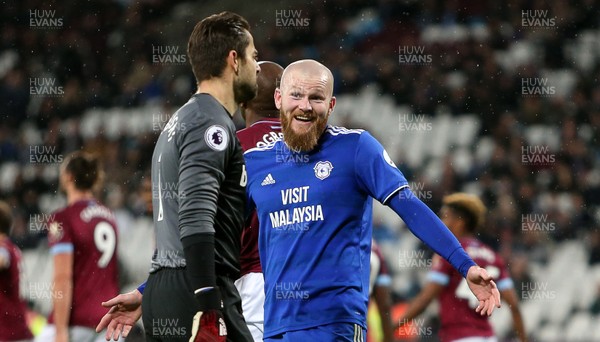 041218 - West Ham United v Cardiff City - Premier League - Aron Gunnarsson of Cardiff City teases Lukasz Fabianski of West Ham after Cardiff score in injury time to make the final score 3-1