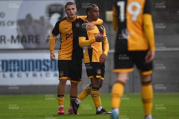 150725 - Weston-Super-Mare v Newport County - Preseason Friendly - Moses-Alexander Walker of Newport County scores the first goal of the game and celebrates with Corey Evans