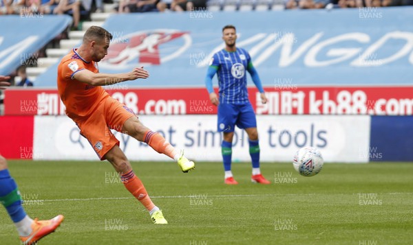 030819 - Wigan Athletic v Cardiff City - Sky Bet Championship -  Joe Ralls of Cardiff shoots the ball into the net for the 1st goal of the match 